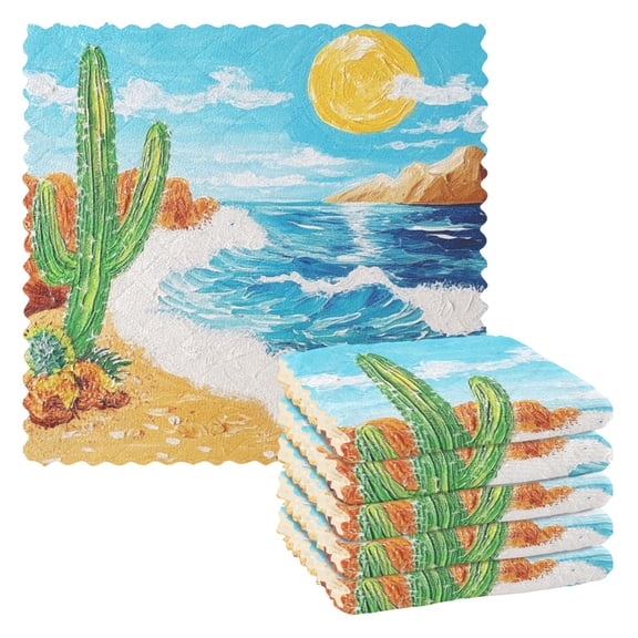 Sun Catcus on Beach Dish Cloths Dish Towels Cleaning Cloths Quick Drying Reusable 11" x 11" Set of 6