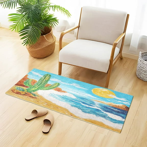 Sun Catcus on Beach Plush Carpet Non Slip Runner Rug Absorbent Bath Mat 39" x 20"