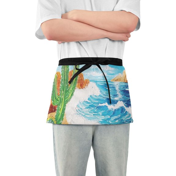 Sun Catcus on Beach Short Server Apron with 3 Pockets for Unisex Chef Gardening