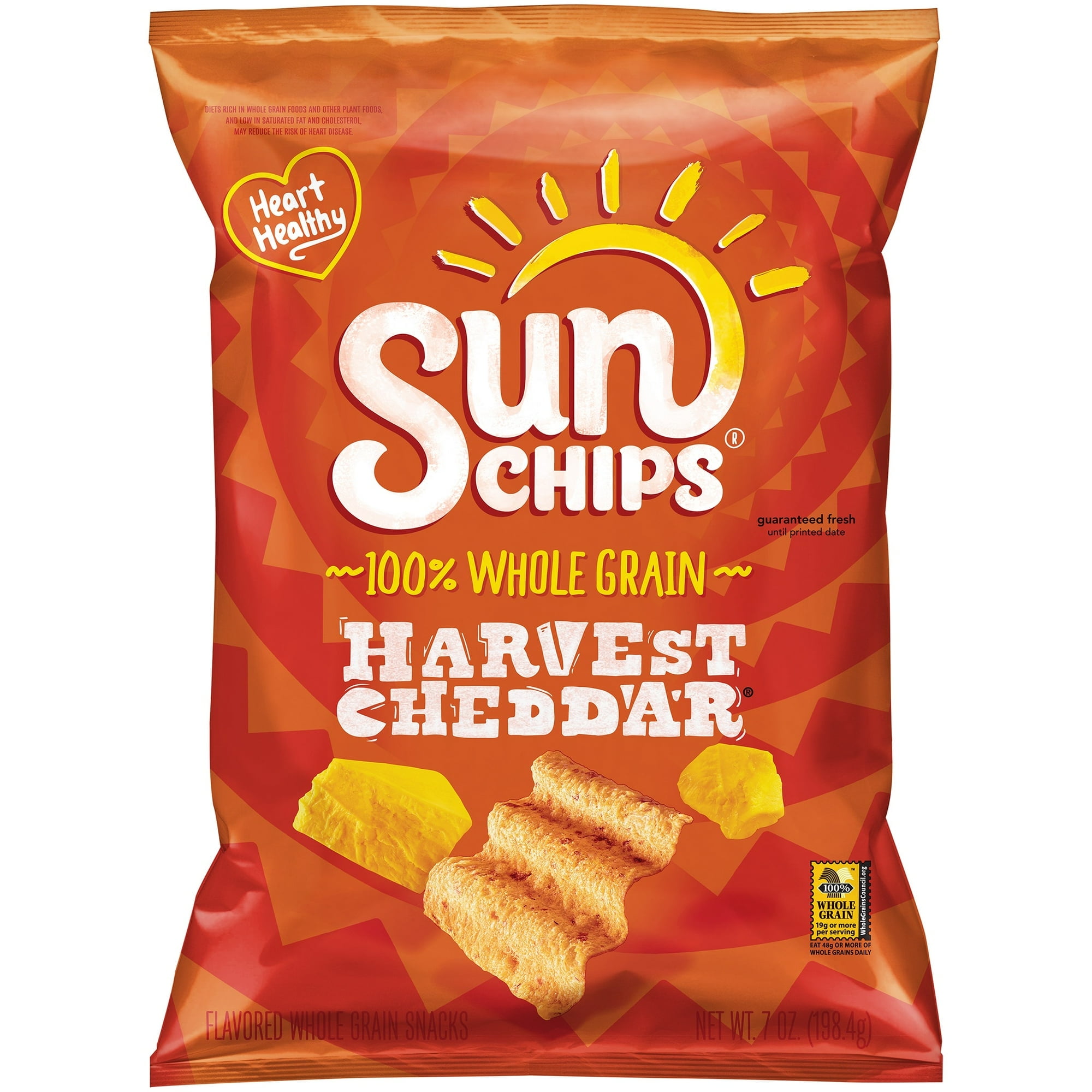 Sun Chips 100% Whole Grain Harvest Cheddar Flavored Multigrain Snacks 7 Oz (Pack of 4)