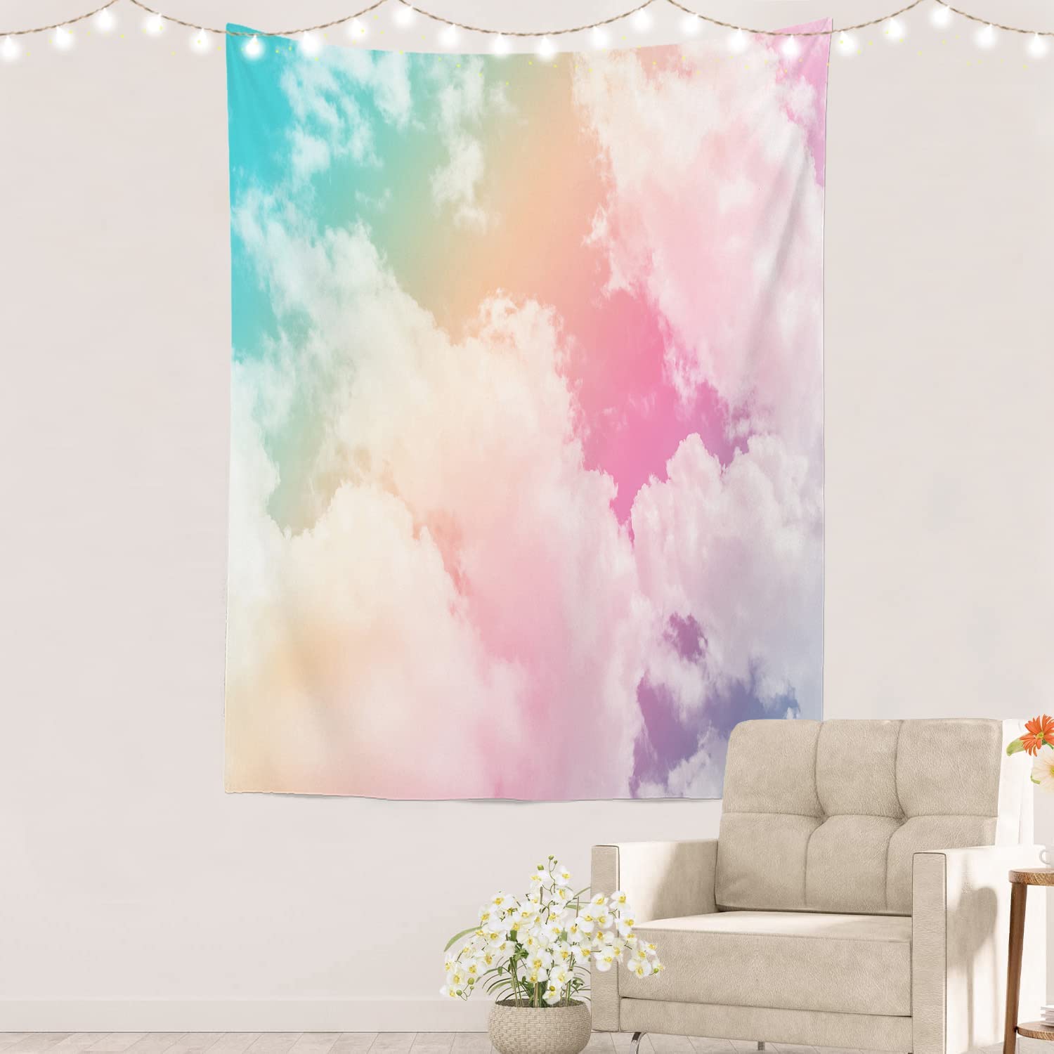Sun Cloud Pastel Tapestry Pastel Rainbow Pink Blue Yellow White Colorful Picnic Mat Beach Towel Wall Art Decoration for Bedroom Living Room Dorm 82.7 x 59.1 Inches Rainbow Blue Pink Walmart