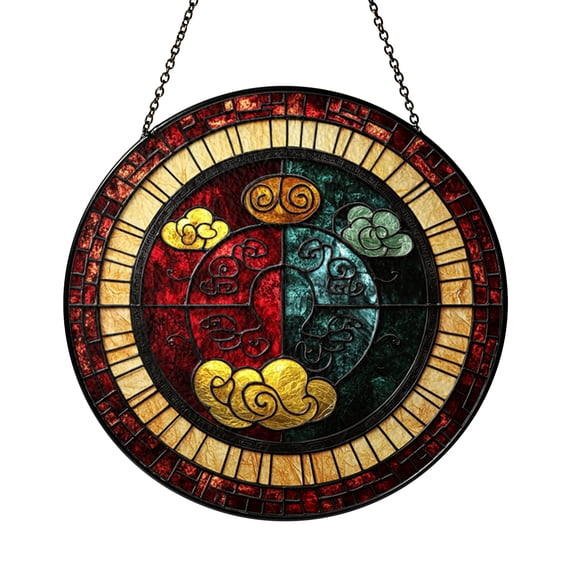 Sun And Cloud Stained Glass Suncatcher Window Hanging, Round Celestial Sky Stained Glass Style Window Decor, Sun Moon Inspired Decorative Window Ornament, Fantasy Sky Art Sun Catcher Home Decor