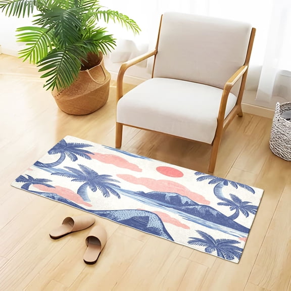 Sun Clouds Coconut Trees Waves Mountains Plush Carpet Non Slip Runner Rug Absorbent Bath Mat 39" x 20"