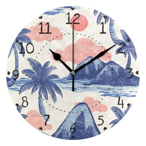 Sun Clouds Coconut Trees Waves Mountains Round Wall Clock Silent Analog Battery Operated Black Pointer Home Decor 9.84" Diameter