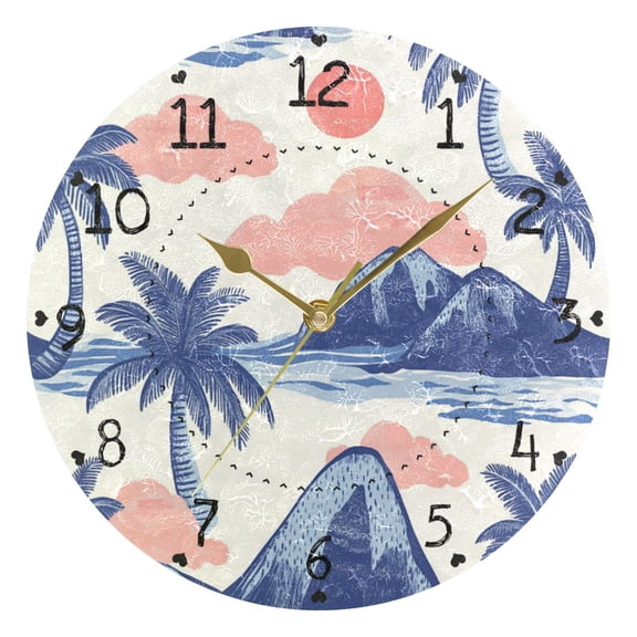 Sun Clouds Coconut Trees Waves Mountains Round Wall Clock Silent Analog Battery Operated Gold Pointer Home Decor 9.84" Diameter