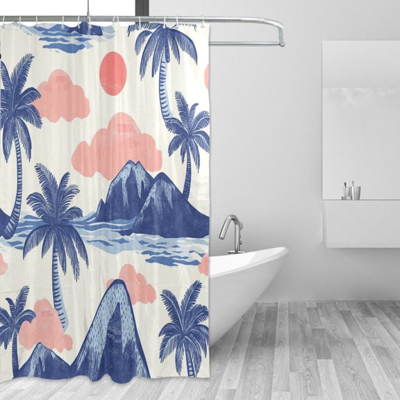 Sun Clouds Coconut Trees Waves Mountains Shower Curtains with 12 Hooks Waterproof Bathroom Decor 66" x 72"