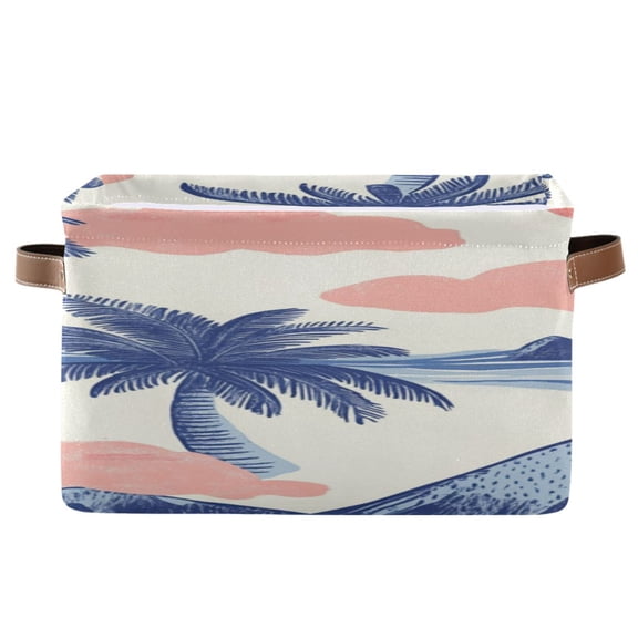 Sun Clouds Coconut Trees Waves Mountains Square Storage Bins with Handles Collapsible Containing Box 1 Pack