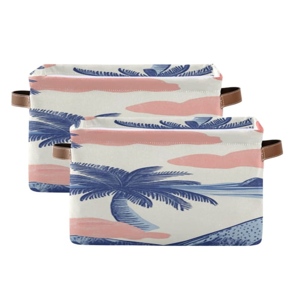 Sun Clouds Coconut Trees Waves Mountains Square Storage Bins with Handles Collapsible Containing Box 2 Packs