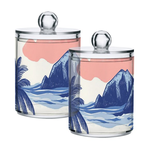 Sun Clouds Coconut Trees Waves Mountains Translucent Plastic Cans Storage Canisters with Lid Set of 2