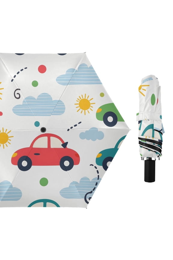 Sun Clouds Dots Cars Cute All Weather Umbrella Triple Folding Parasol 6 Ribs UV Protection Portable
