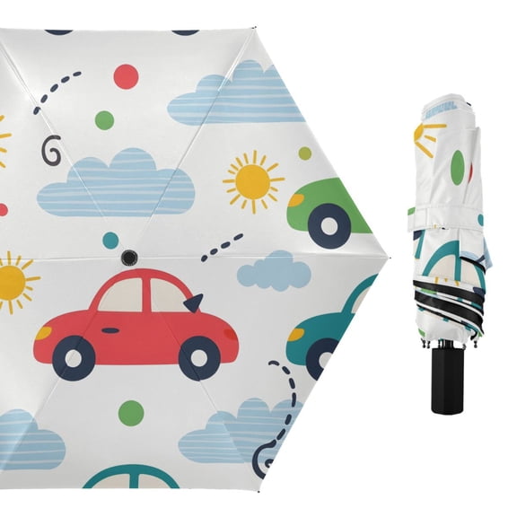 Sun Clouds Dots Cars Cute All Weather Umbrella Triple Folding Parasol 6 Ribs UV Protection Portable