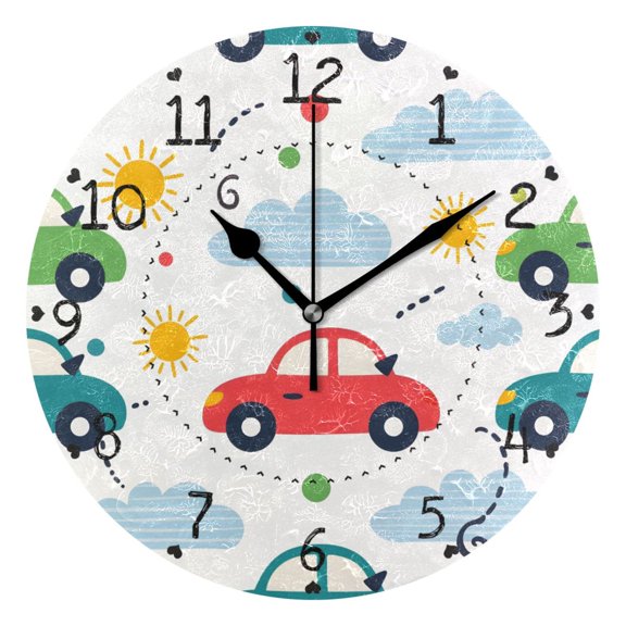 Sun Clouds Dots Cars Cute Round Wall Clock Silent Analog Battery Operated Black Pointer Home Decor 9.84" Diameter