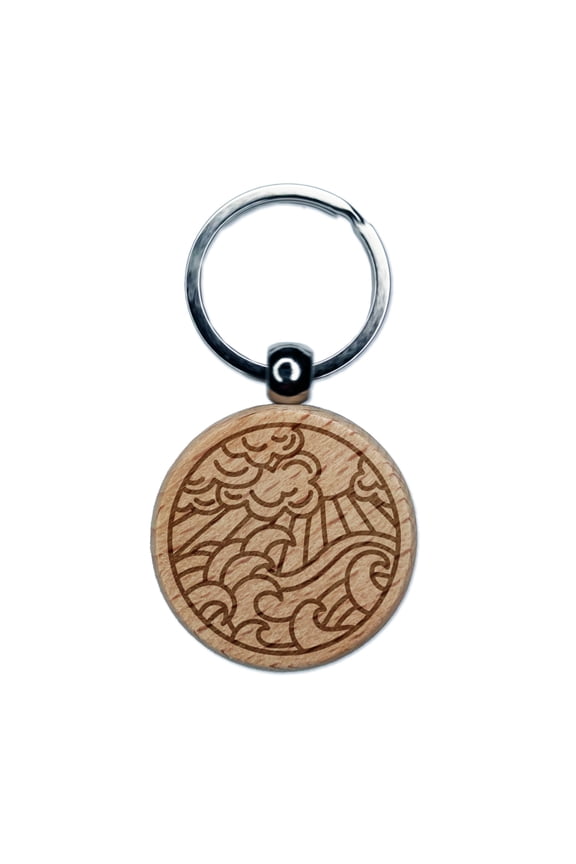 Sun Clouds and Ocean Waves Round Keychain Charm Tag - Engraved Wood
