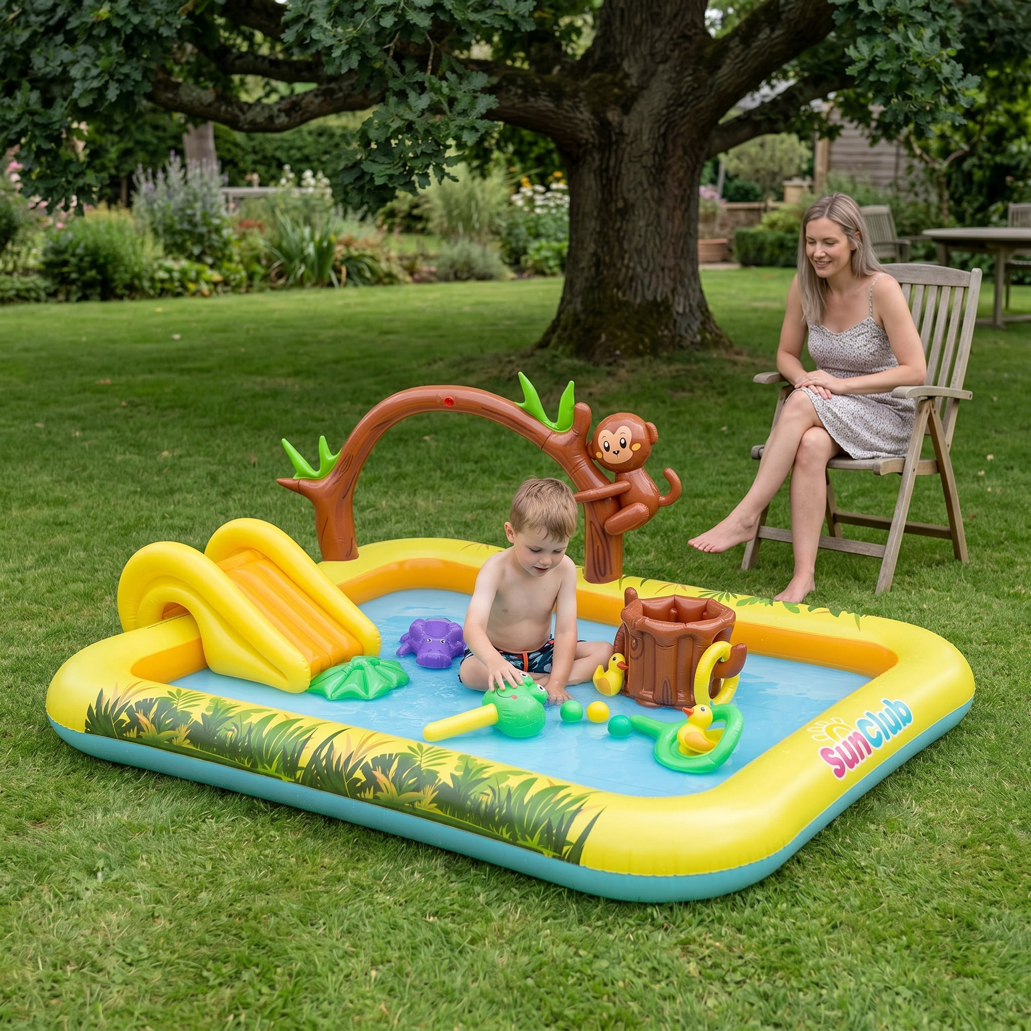 Sun Club Jungle Themed Inflatable Play Center Spray Pool with Slide, Sprinkler & Ring Toss Game, Outdoor Kids Water Play Pool for Toddlers 2-6, Backyard Summer Fun