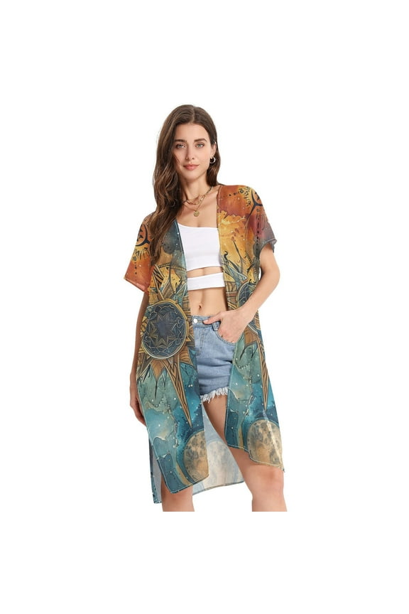 Sun Colorful Clouds Women Swimsuit Cover up V Neck Beach Dress Short Sleeve Vacation Outfits Swimwear