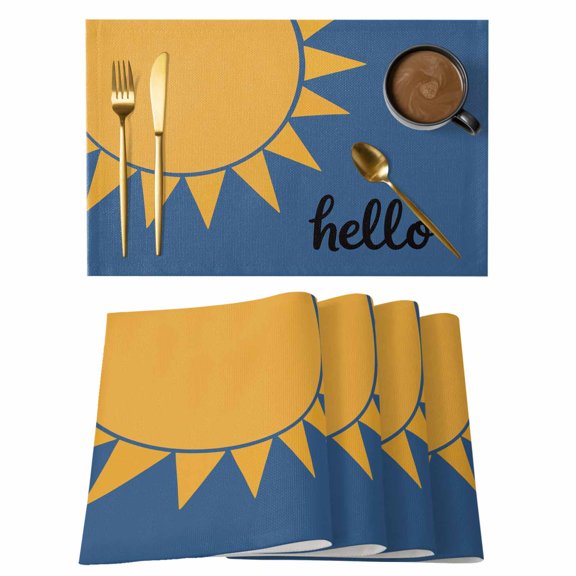 Sun Cotton Linen Placemats Set of 1, Hello Cartoon Minimalist Washable Table Place Mats Heat Insulating Placemat for Dining Room Kitchen Daily Use 13 x 19 Inch