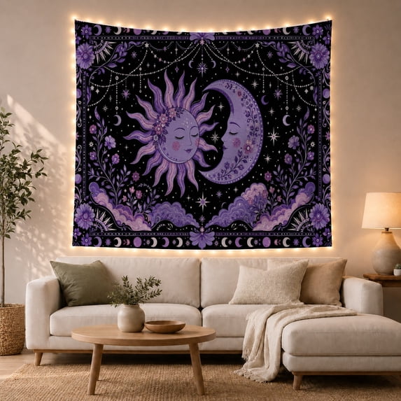 Sun and Crescent Moon Among Purple Floral Vines, Dreamy Boho for Celestial Art Lovers, Enchanted Sky Decor, Mother'S Day Gift, Tapestry Wall Hanging for Bedroom and Dorm