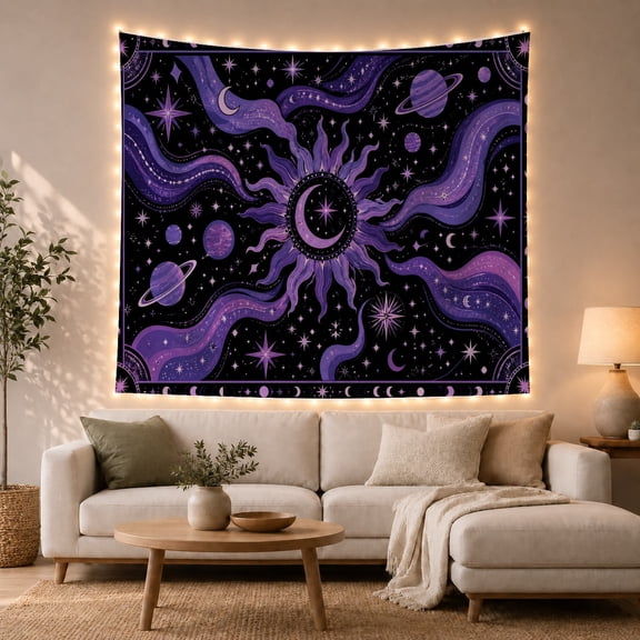 Sun and Crescent Moon in Purple Nebula Clouds, Mystical Boho for Astronomy Fans, Cosmic Moon Wall Art, Housewarming Gift, Tapestry Wall Hanging for Bedroom and Dorm