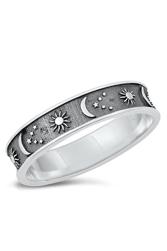 Sun Crescent Moon Stars Promise Ring .925 Sterling Silver Band Jewelry Female Male Unisex Size 6