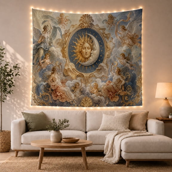 Sun and Crescent Moon Within an Ornate Gold Medallion, Mystical Vintage for Moon Lovers, Sun Moon Wall Art, Housewarming Gift, Tapestry Wall Hanging for Bedroom and Studio