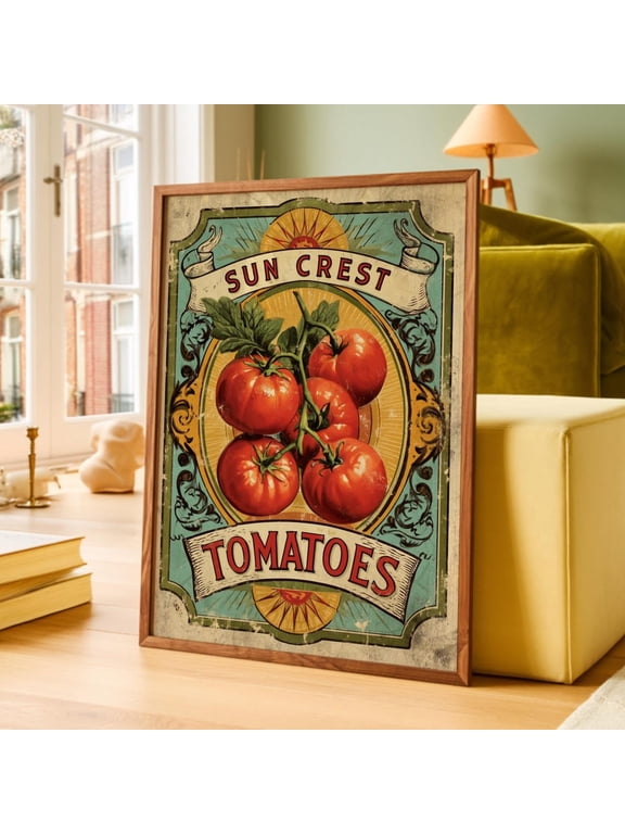 Sun Crest Tomatoes Wall Art Print, Vintage Seed Packet Label And Rustic Kitchen Decor
