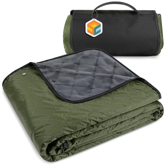 SUN CUBE Large Waterproof Camping Blanket, Fleece Quilted Stadium Blanket for Cold Weather, Windproof Foldable Outdoor Blanket Mat for Picnic, Beach, Pets, Car, 60x80in (Olive Green/Grey)