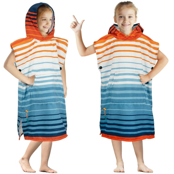 SUN CUBE Kids Changing Robe Surf Poncho, Kids Beach Towels, Hooded Towel For Toddler Bath Pool, Microfiber Quick Dry Wearable Towel Poncho with Hood, Swim Towel for Boys Girls 3-7 Years, Orange Stripe