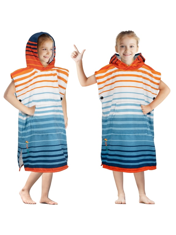 Kids Changing Robe Surf Poncho, Kids Beach Towels, Hooded Towel For Toddler Bath Pool, Microfiber Quick Dry Wearable Towel Poncho with Hood, Swim Towel for Boys Girls 3-7 Years, Orange Stripe