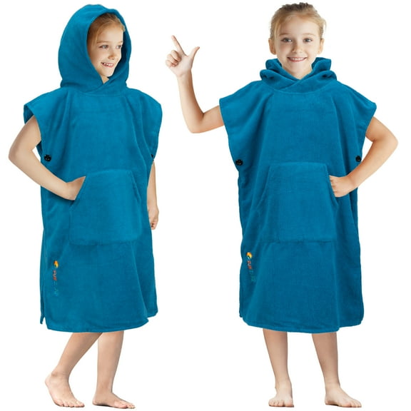SUN CUBE Kids Changing Robe Surf Poncho, Kids Beach Towels, Hooded Towel For Toddler Bath Pool, Microfiber Quick Dry Wearable Towel Poncho with Hood, Swim Towel for Boys Girls 3-7 Years, Teal Sea Blue