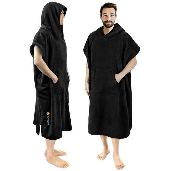 SUN CUBE Surf Poncho Changing Robe with Hood, Thick Quick Dry Microfiber Wetsuit Changing Towel for Surfing Beach Swim Outdoor Sports Men, Absorbent Wearable Towel Cover Up with Pocket, Black