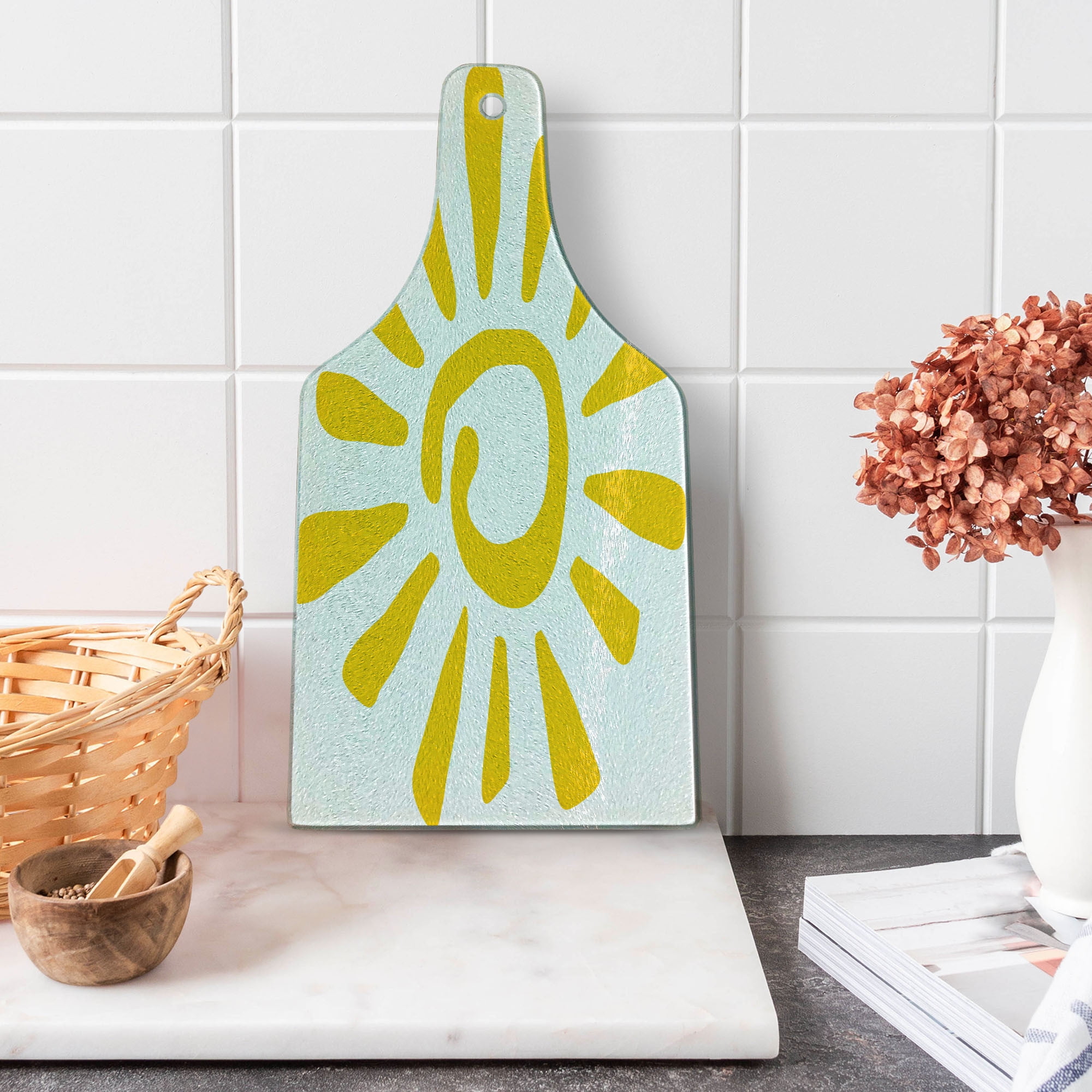 Yellow and White Round Tempered Glass Cutting Board