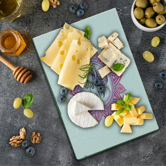 Sun Cutting Board, Vintage Floral Design Heavenly Bodies Oriental Celestial Elements, Decorative Tempered Glass Cutting and Serving Board, Small Size, Purple Hot Pink White, by Ambesonne