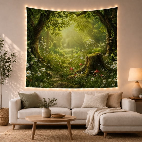 Sun-Dappled Forest Path with Mushrooms and Daisies Whimsical Cottagecore for Nature Lovers, Woodland Wall Decor Housewarming Gift Tapestry Wall Hanging for Bedroom and Living Room