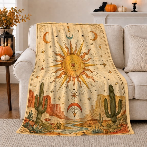 Sun over Desert Cactus with Moons, Warm Southwestern Style for Desert Lovers, Celestial Canyon Sun Scene and Birthday Gift, Cozy Flannel Blanket for Cabin and Bedroom, Home Decor