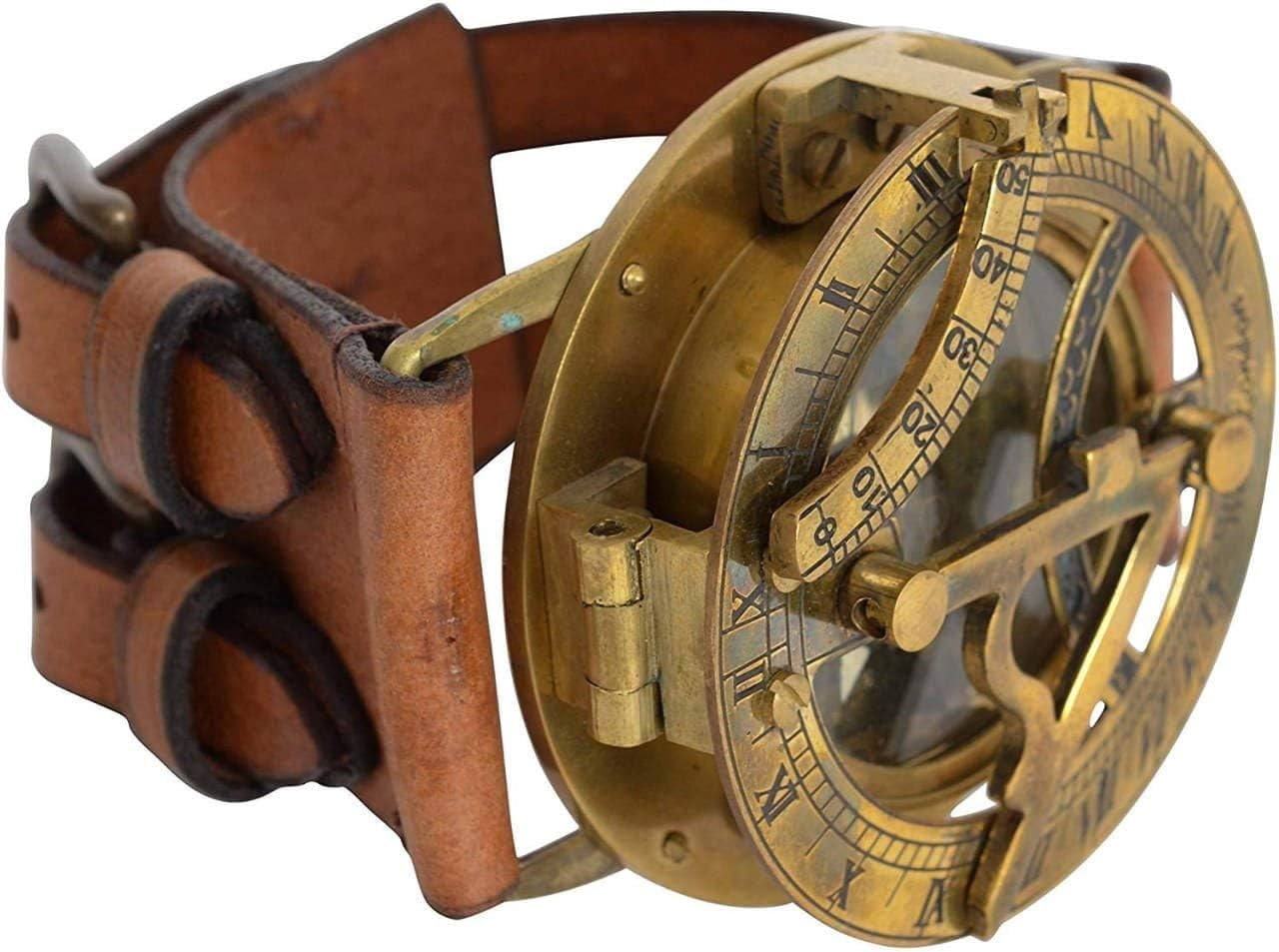 Sun Dial Leather Brass Compass Leather Old Gold Lustre Unusual UK