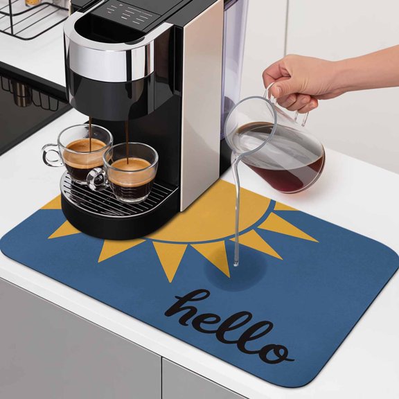 Sun Dish Drying Mats for Kitchen Counter, Hello Cartoon Minimalist Absorbent Coffee Bar Mat with Non-slip Rubber Backed Quick Drying Dish Rack Pad 12"x16"