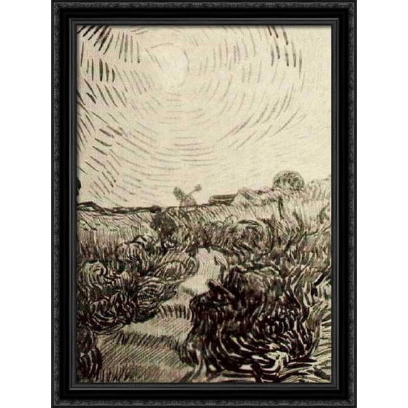 Sun Disk above a Path between Shrubs 28x36 Large Black Ornate Wood Framed Canvas Art by Vincent van Gogh
