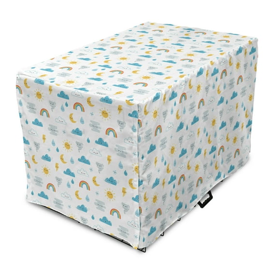 Sun Dog Crate Cover, Funny Weather Clouds Moon Rainbow Print, Easy to Use Pet Kennel Cover Small Dogs Puppies Kittens, 7 Sizes, White Multicolor, by Ambesonne