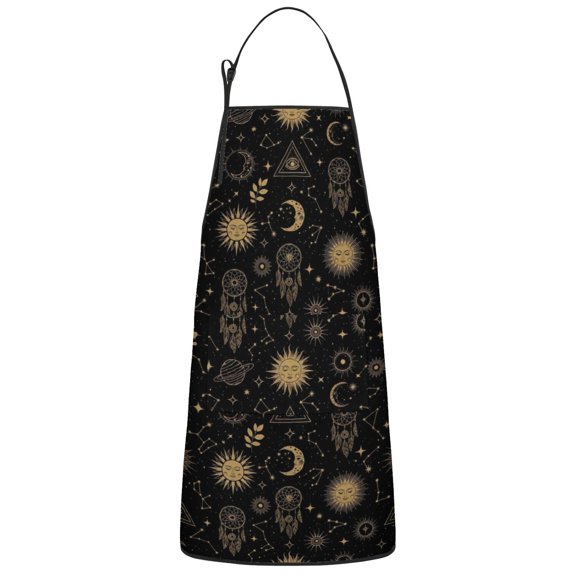 Sun and Dreamcatcher Gothic Pattern Apron for Women with Pockets, Cotton Linen Waterproof Adjustable Apron for Kitchen Cooking Gardening BBQ Salon 33"x27"