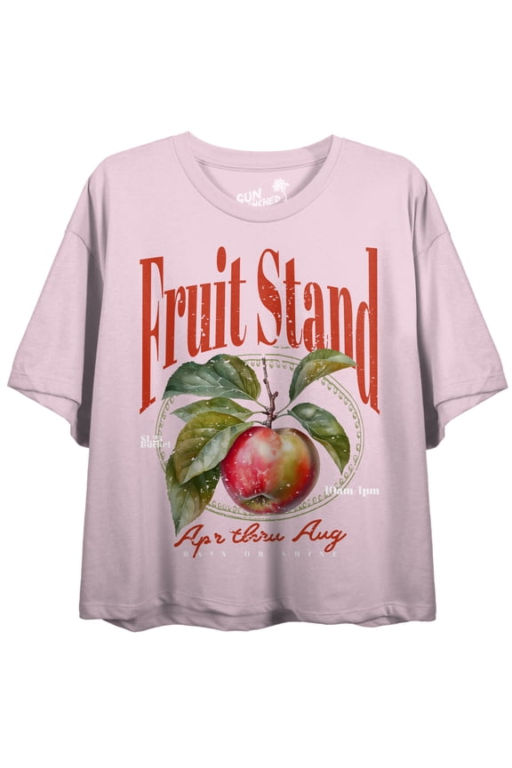 Fruit Stand Apple Apr Thru Aug Women's Cradle Pink Crew Neck Short Sleeve Crop Top - Medium