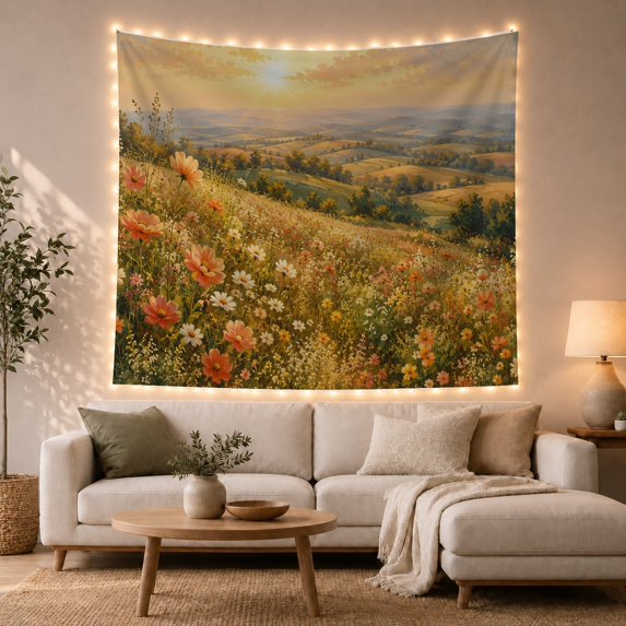 Sun-Drenched Wildflower Meadow Landscape Romantic Folk Art for Nature Enthusiasts, Botanical Home Decor Housewarming Gift Tapestry Wall Hanging for Living Room and Reading Nook