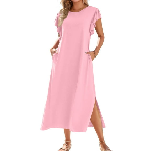 Sun Dresses, Casual Pleated Sleeves Loose Fit Round Neck Slit Beach Sundress Party Vacation Long Flowy Maxi Dress With Pockets Black And Gold Dress Formal Women Clothes Dresses (XL, Pink) ZMTing