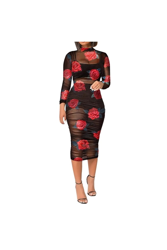 Sun Dresses For Women 2023 Plus Size 3Pcs Crop Top Short Skirt Set With Tropical Print Sheer Mesh Bodycon Long Maxi Dresses For Women 2023 Casual