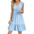 thumbnail image 1 of Sun Dresses Women Sleeveless V Neck Knee Length Boho Beach Dresses Ruffle Tiered Layered Cotton Linen Wedding Guest Short Dresses Light Blue XXL, 1 of 5