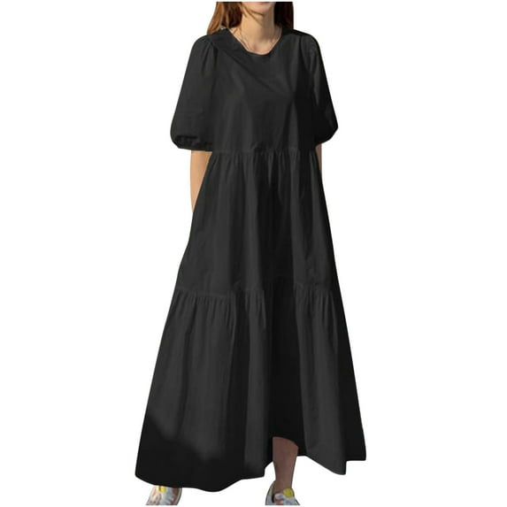 Sun Dresses Women Summer Casual Half Sleeve Tiered Flowy Maxi Dress Solid Crewneck Loose Beach Holiday Long Dress