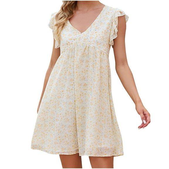 Sun Dresses Women Summer Casual Ruffle Short Sleeve Mini Dress V Neck Bohemian Floral Printing Beach Holiday Short Dress