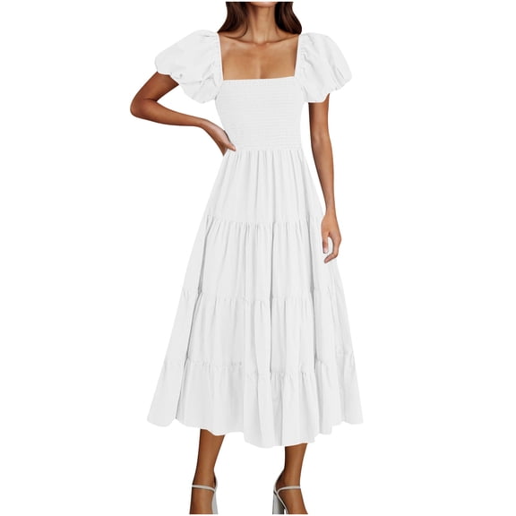 Sun Dresses for Womens 2026 Summer Fashion Plus Size Loose Casual Puff Sleeve Long Solid Color Dress