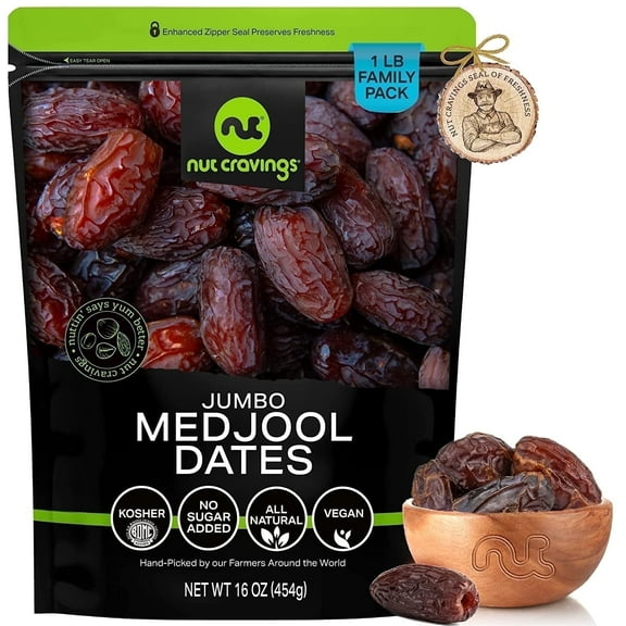 Nut Cravings Sun Dried Jumbo Medjool Dates, No Sugar Added (16oz - 1 lbs)