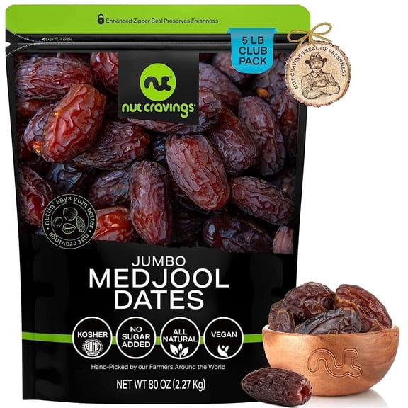 Sun Dried Jumbo Medjool Dates, No Sugar Added 80oz by Nut Cravings