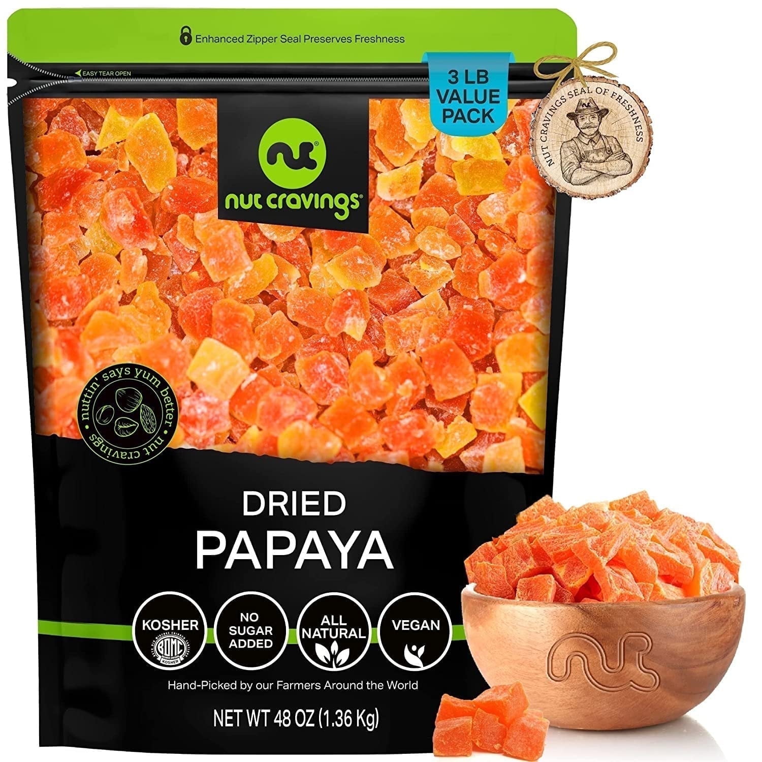 Nut Cravings Sun Dried Papaya Chunks, with Sugar Added (48oz - 3 lbs)